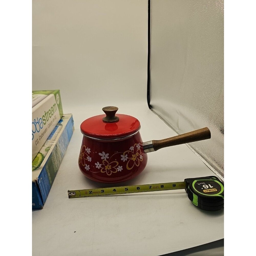 Vintage Epicure Enamel Fondue Pot‎ Retro Red Floral Excellent Condition Pot Only